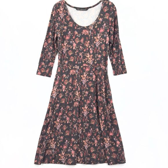 Peruvian Connection Small Midi Dress Black Floral Potpourri Pockets Stretch Boho - Picture 1 of 12